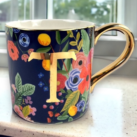 Anthropologie Mug "T" Initial Rifle Paper Company Blue & Gold - Picture 1 of 6